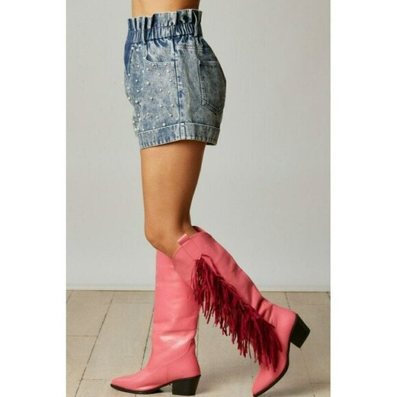 Pearly Girly Era Pearl Paperbag Shorts in Denim - Picture 5 of 7